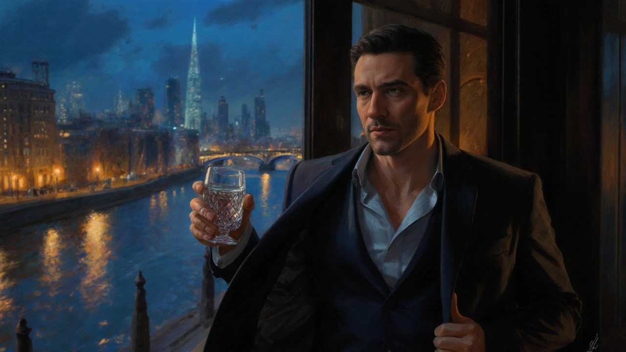 A confident gentleman exits a private lounge, city lights glowing behind him.