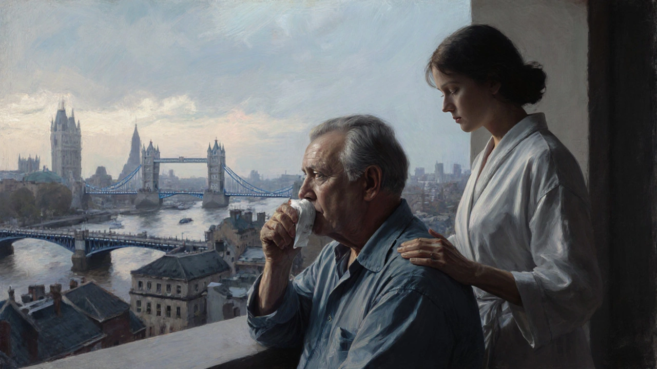 A man sits alone on a hotel balcony at dawn, tears on his face, a woman stands quietly behind him.