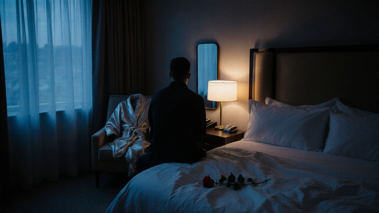 A man sits alone on a hotel bed, reflecting quietly as a silk robe and rose rest nearby.