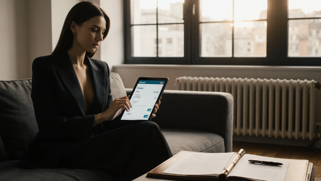 A professional Russian escort sits calmly in a modern London apartment, reviewing travel plans on a tablet.