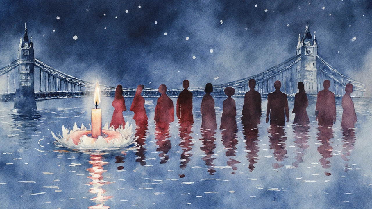 A single candle floats on the Thames at night, its reflection dissolving into countless shadowy figures.