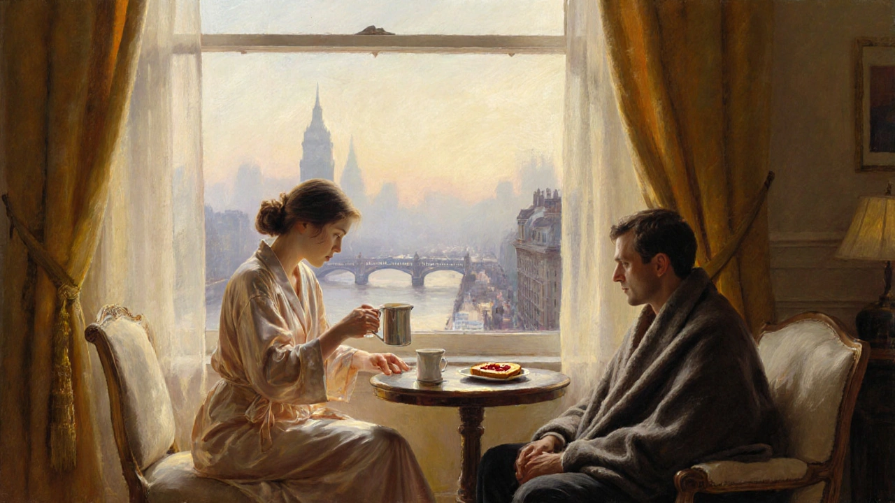 A woman in silk robe pours tea as a man sits wrapped in a blanket on a balcony overlooking the Thames at dawn.