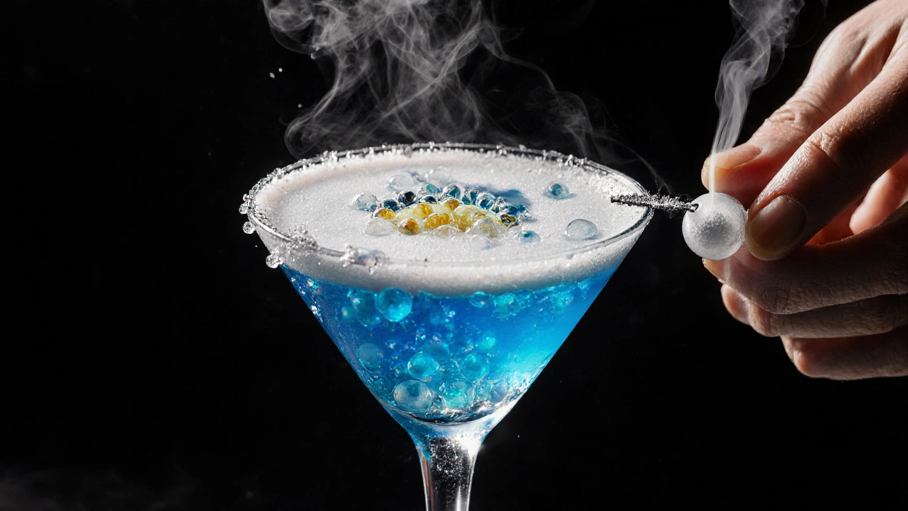 Close-up of a cocktail with foam, spherified pearls, and smoke.