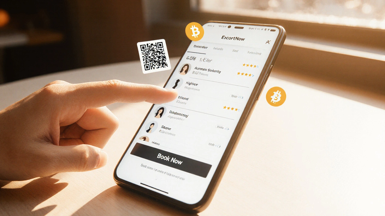 Close‑up of a phone app with profiles, rating stars, QR code and crypto icons.