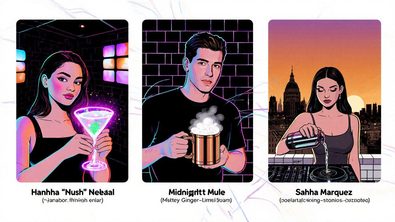 Comic‑style panels of three mixologists presenting signature drinks.