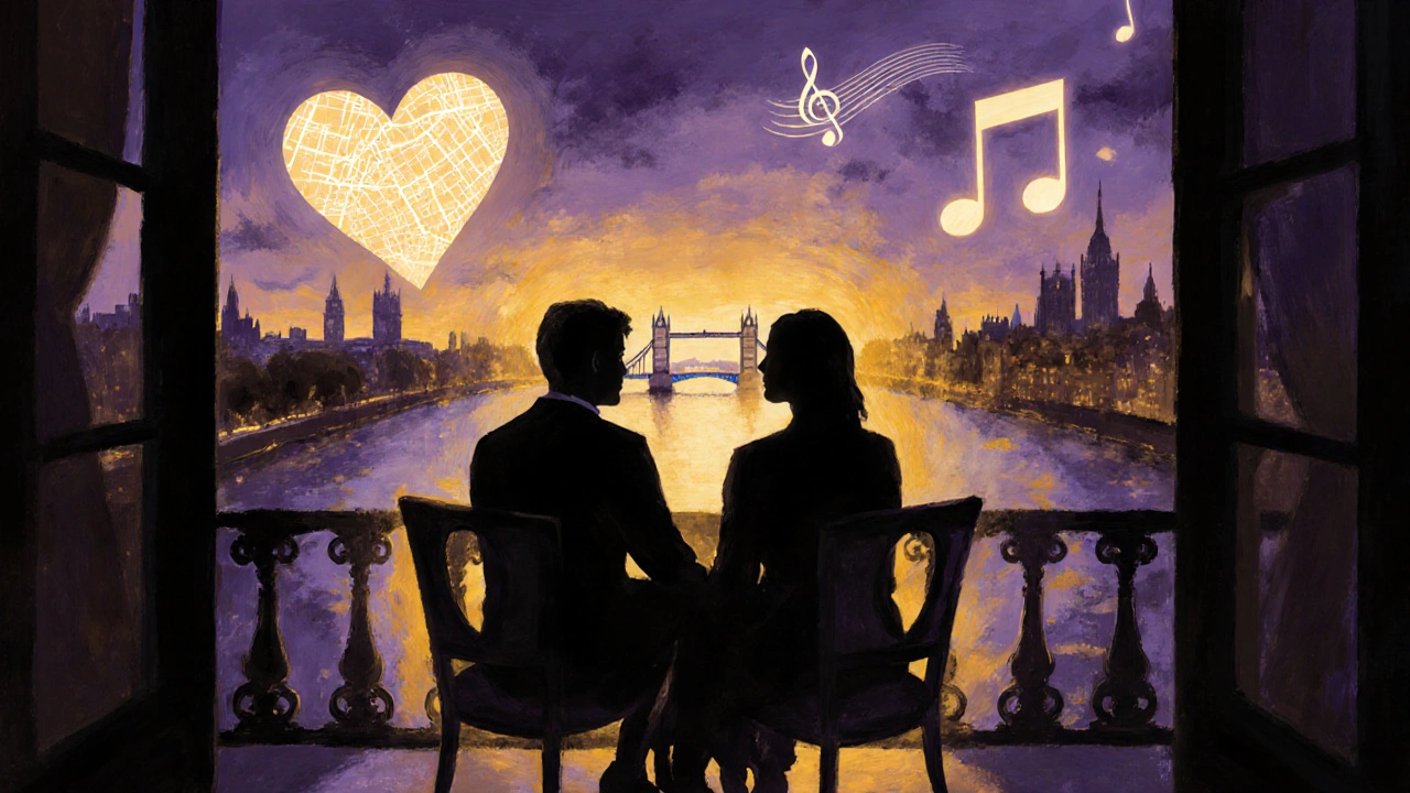 Couple on London balcony at sunset, surrounded by warm glowing tones.