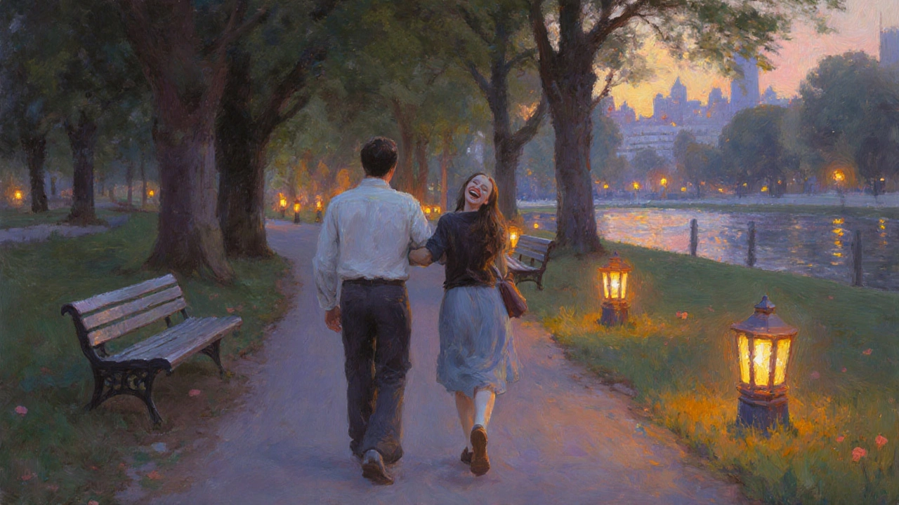 Couple strolling hand‑in‑hand through Regent&#039;s Park at dusk, feeling relaxed and connected.