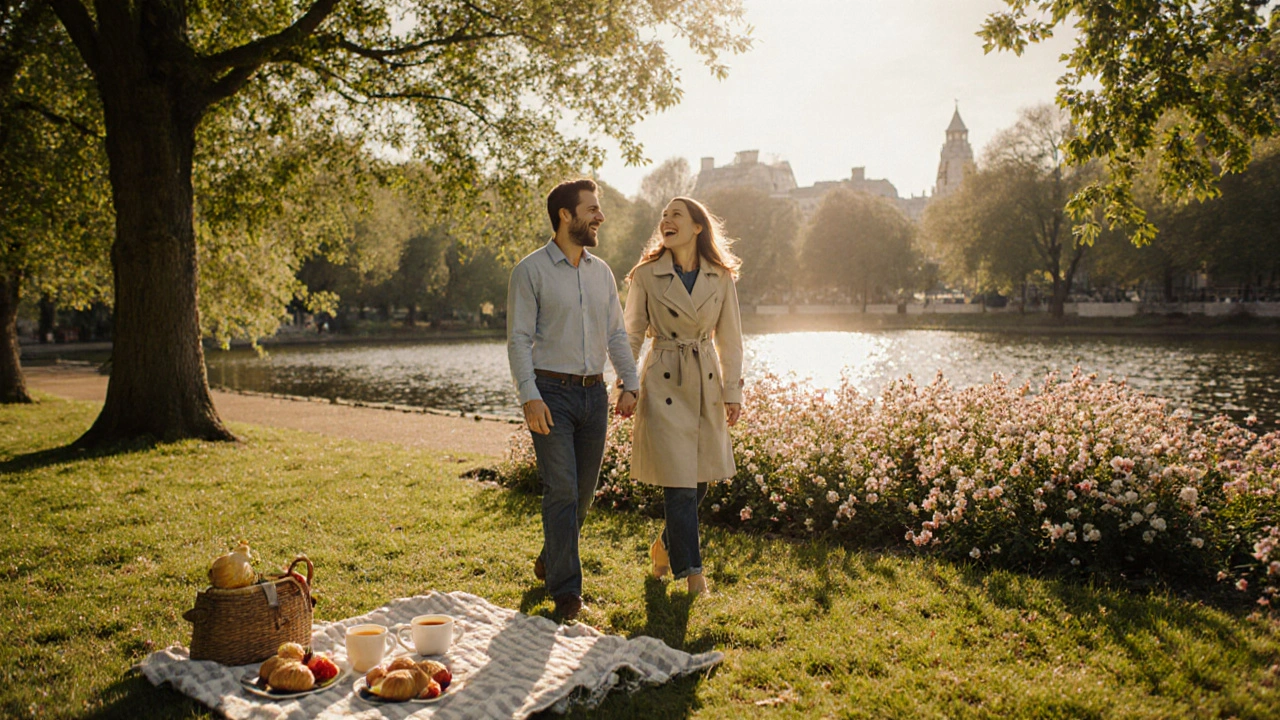 Couple walking hand‑in‑hand through Hyde Park during daylight, with a casual brunch picnic nearby.