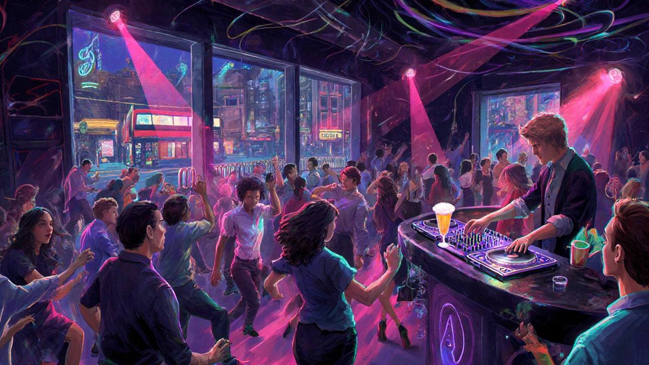 Crowd dancing at XOYO with lasers, DJ, and bartenders serving cocktails.