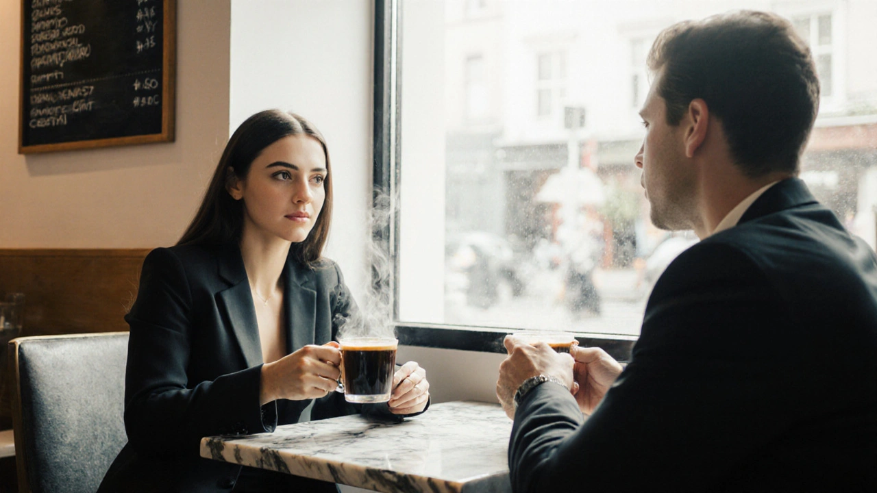 First meeting in a bright coffee shop with escort and client sharing coffee.