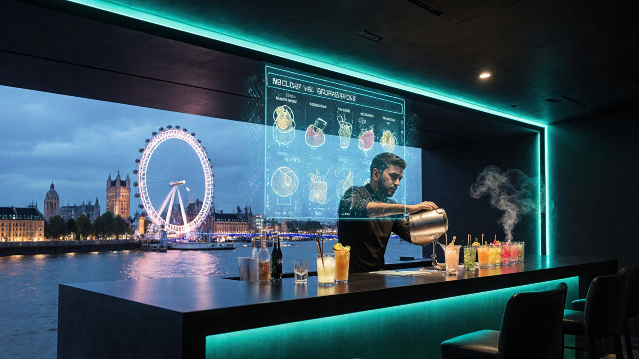 Futuristic bar overlooking the Thames with holographic AI flavor displays.
