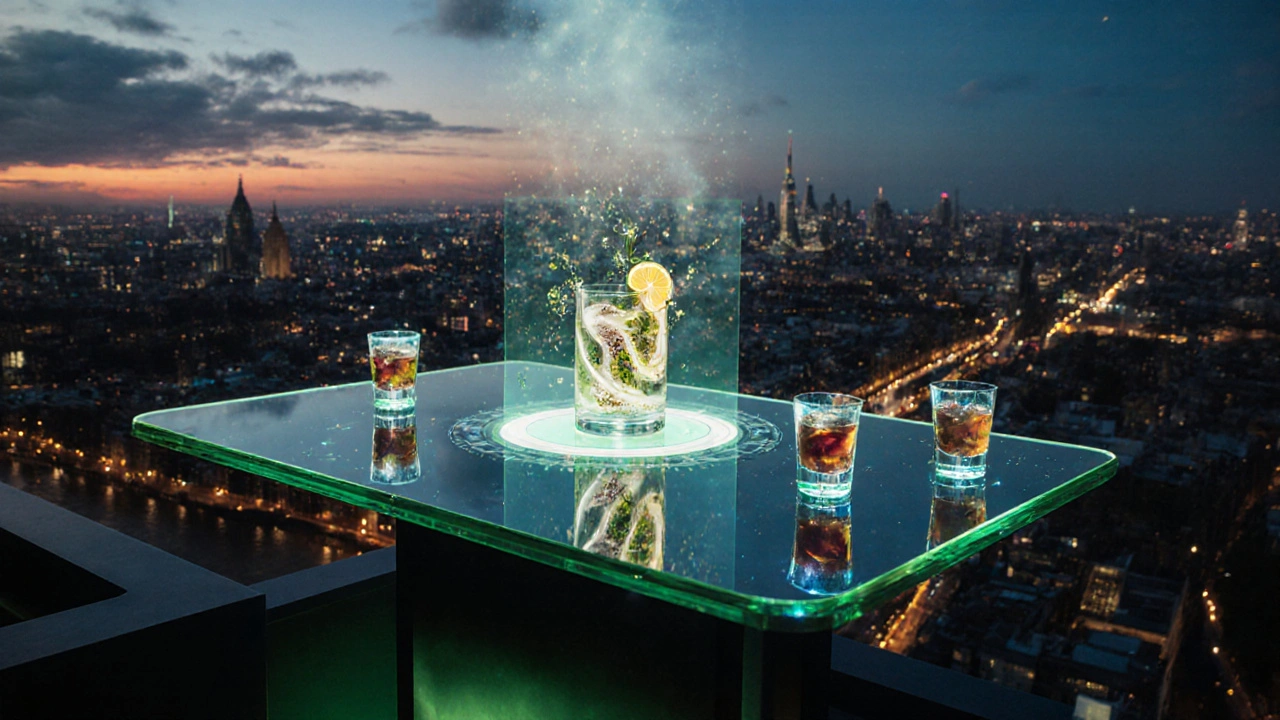 Futuristic floating bar with AI flavor display and LED glassware.