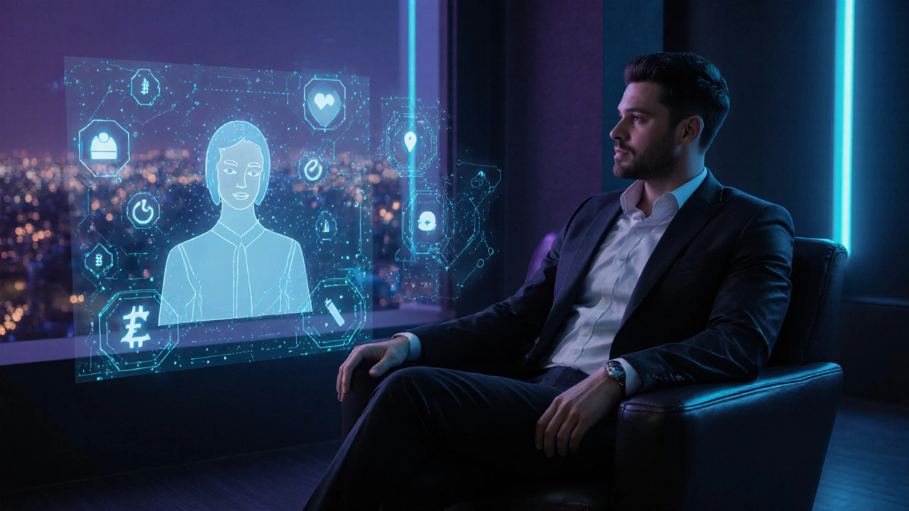 Futuristic lounge with holographic AI match and 3D avatar companion.