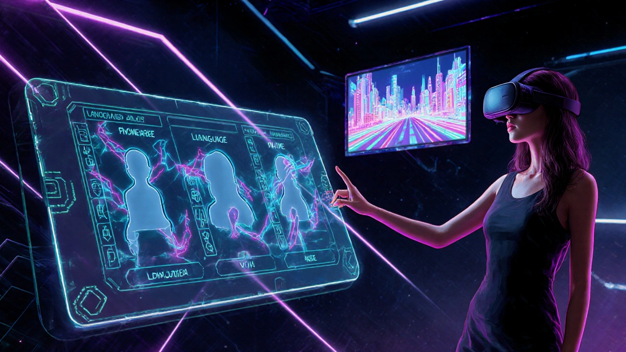 Futuristic UI hologram showing escort avatars and a woman in a VR headset.