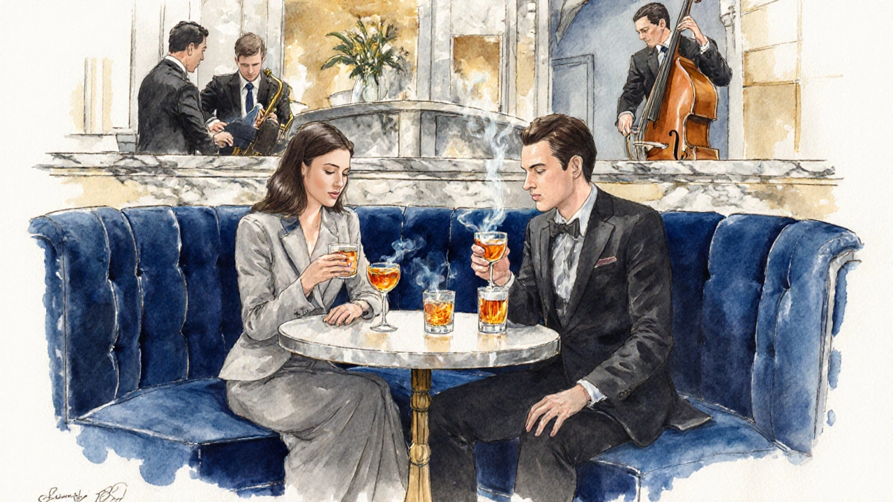 Illustration of The Connaught Bar&#039;s velvet booth, marble bar, and live jazz trio.