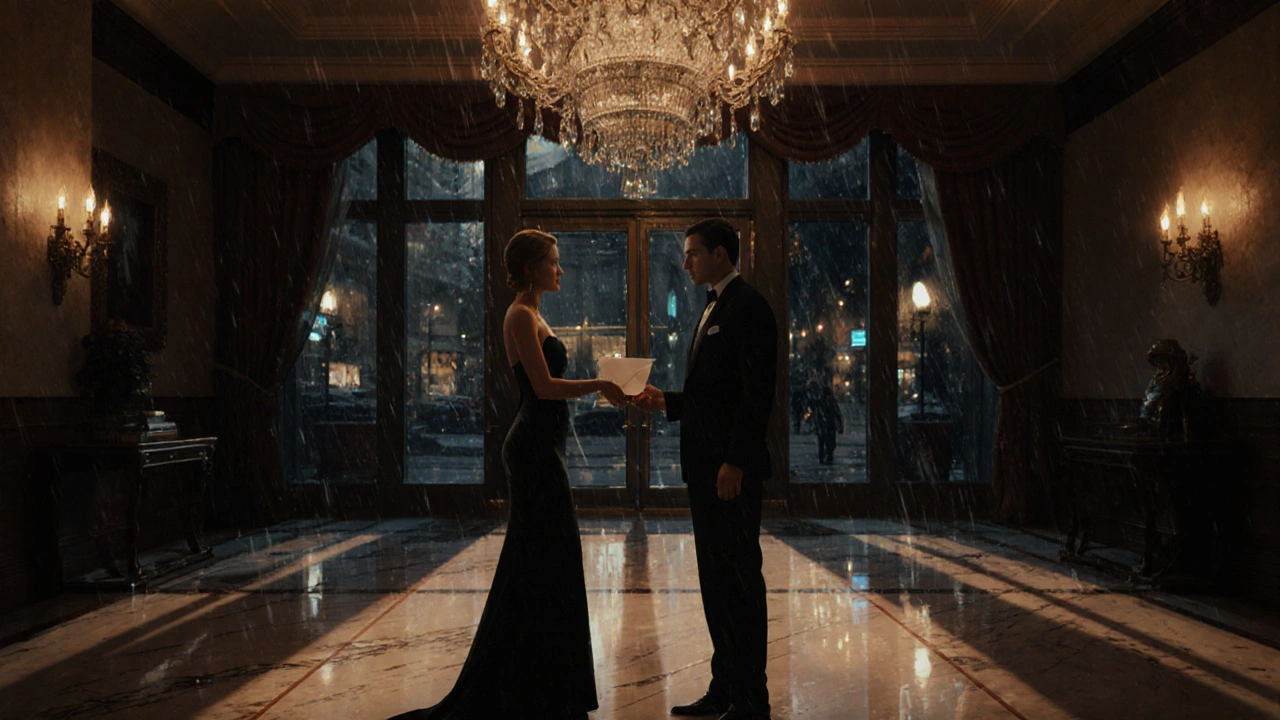 Independent escort exchanging envelope with client in a dim hotel lobby.