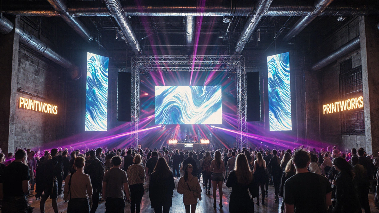 Inside Printworks warehouse club with LED walls, lasers and fashionable crowd.
