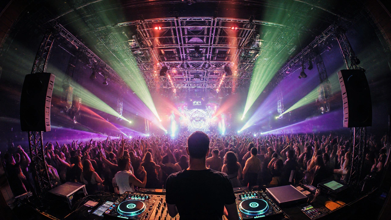 Inside view of the dance floor with massive speaker system and DJ on CDJ‑3000 decks.