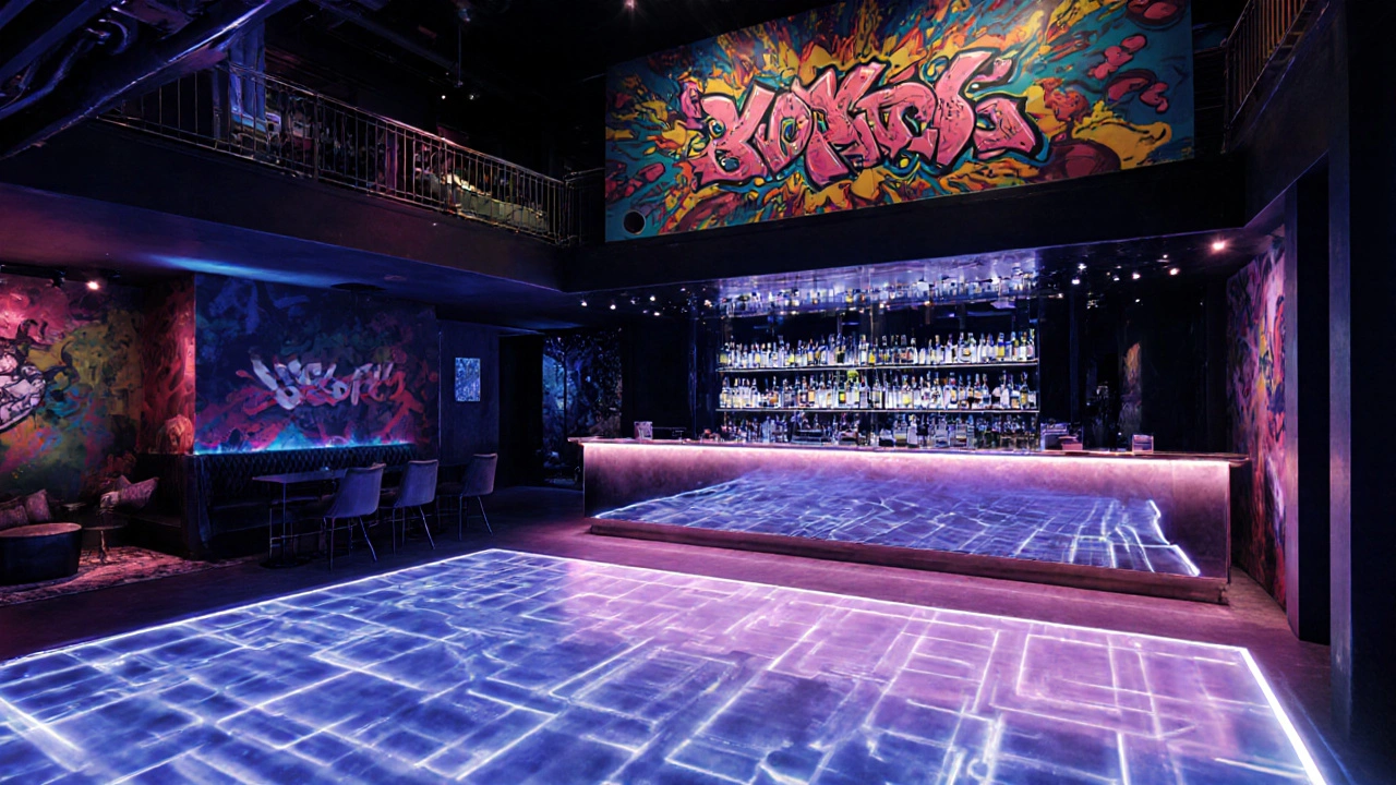 Inside XOYO dance floor with LED lighting, graffiti mural, and sleek bar.