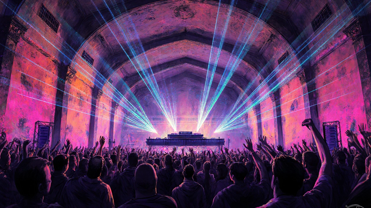 Interior main hall of Electric Brixton with neon walls, DJ platform and laser beams over a dancing crowd.