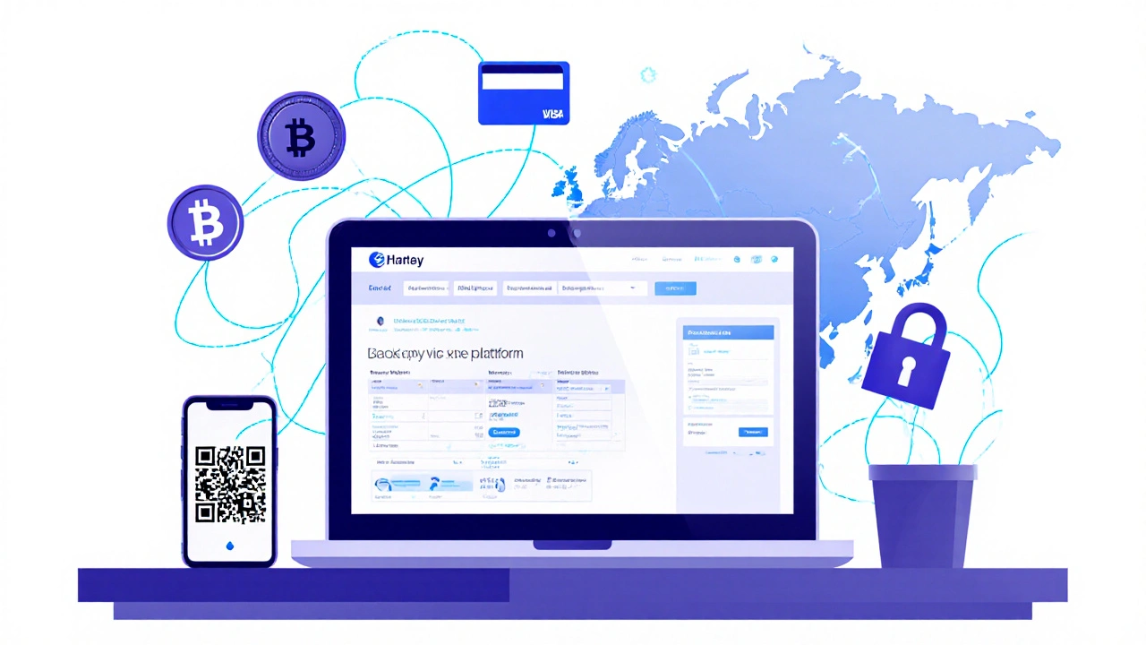 Laptop and phone display a secure booking page with QR code, crypto and lock icons, illustrating the reservation process.