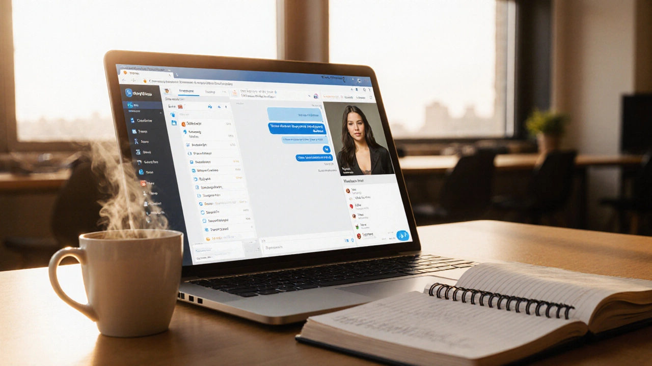 Laptop showing an encrypted chat and a checklist in a bright office.