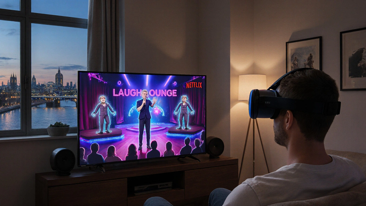 Living room scene with a viewer watching Netflix and a VR overlay of a futuristic comedy club.
