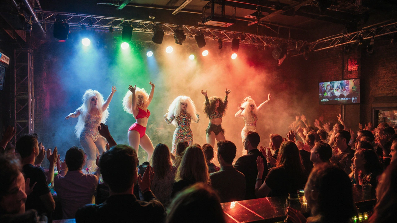 London Pride Party in Electric Brixton&#039;s basement, rainbow lights and drag performers on stage.