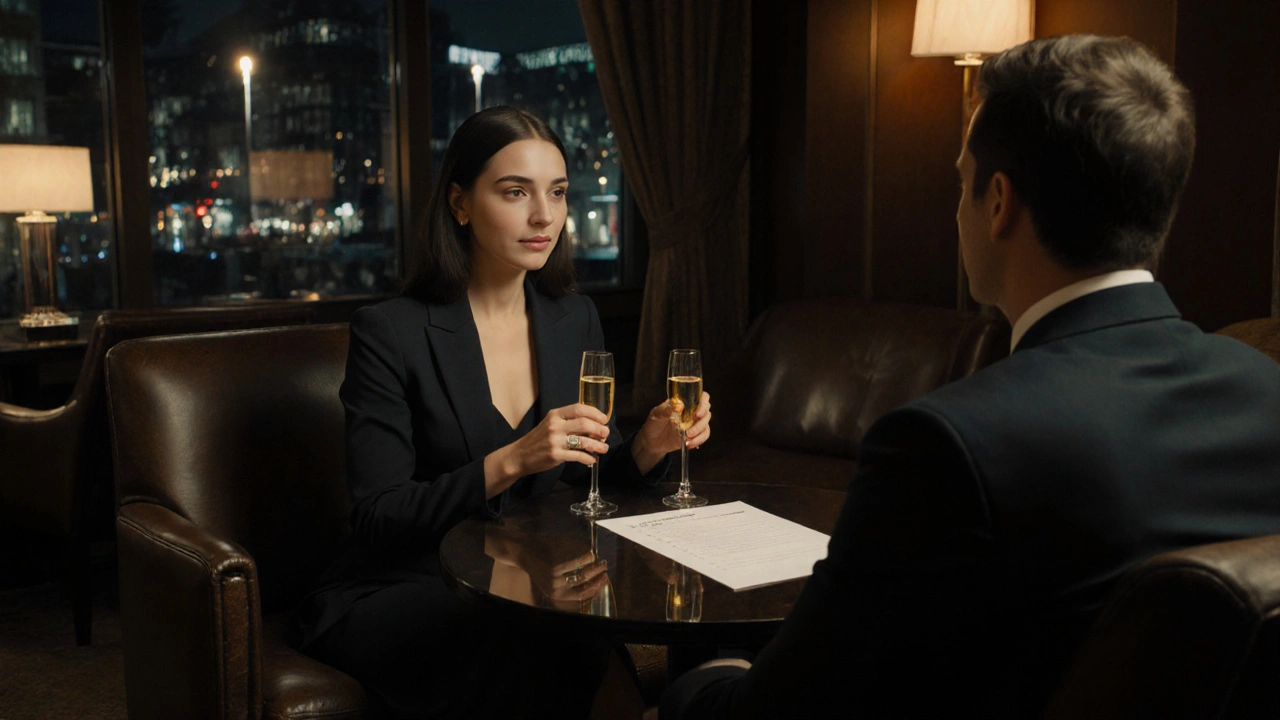 Luxurious hotel lounge with a couple, champagne, and a checklist.