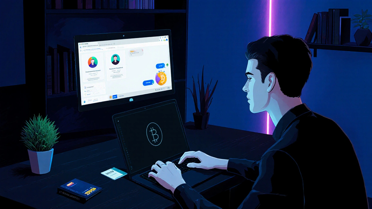 Man at a desk using a laptop, surrounded by discreet payment cards, illustrating a private booking.