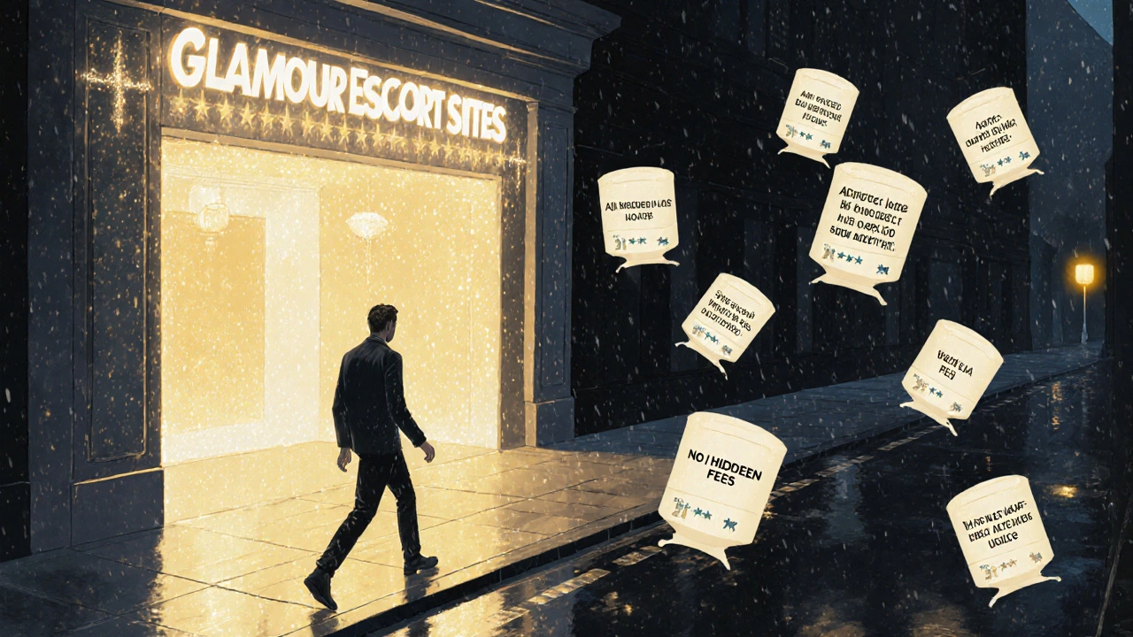 Man walking away from flashy casino signs toward floating honest review snippets on a rainy London street.