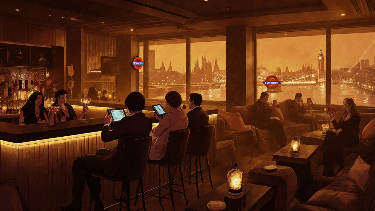 Mezzanine lounge with relaxed patrons, warm lighting, and a view of the Thames.
