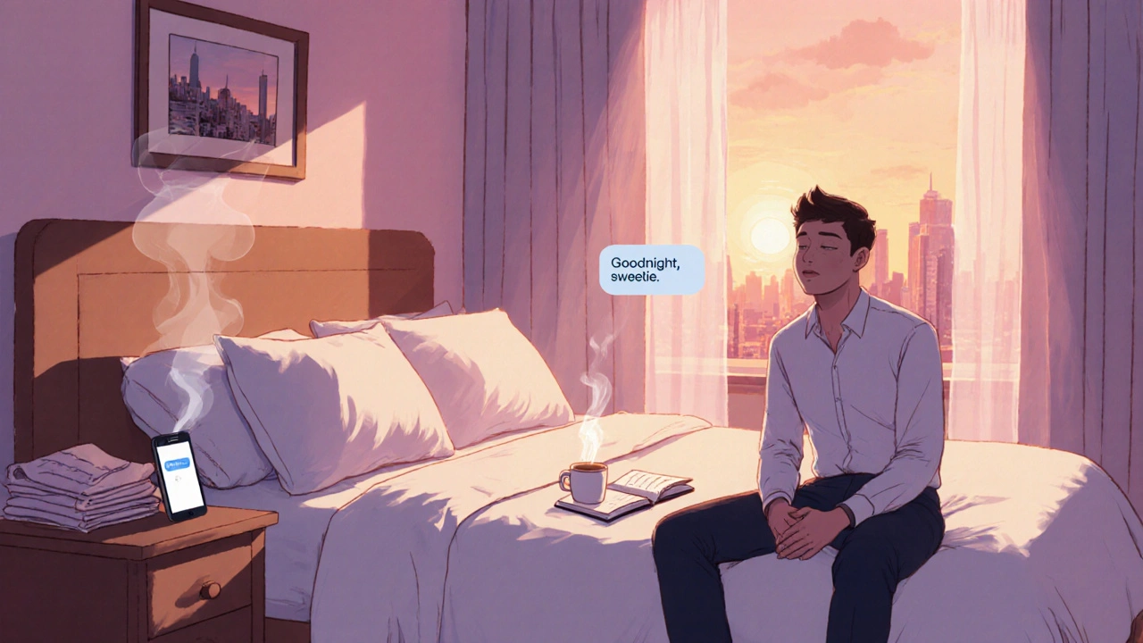 Morning bedroom scene with sunrise, coffee mug, phone notification, and a man smiling peacefully.