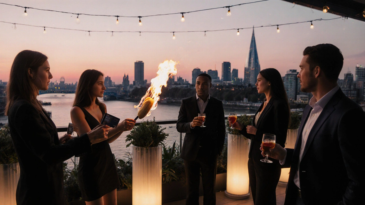 Rooftop terrace at sunset with a bartender flambéing a cocktail and guests networking.
