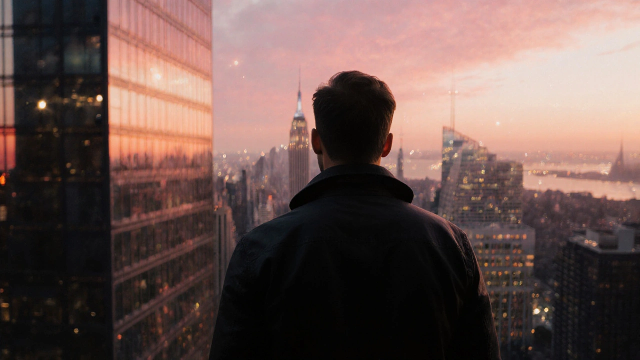 Silhouette of man on balcony at sunrise, city lights below, conveying confidence and rejuvenation.