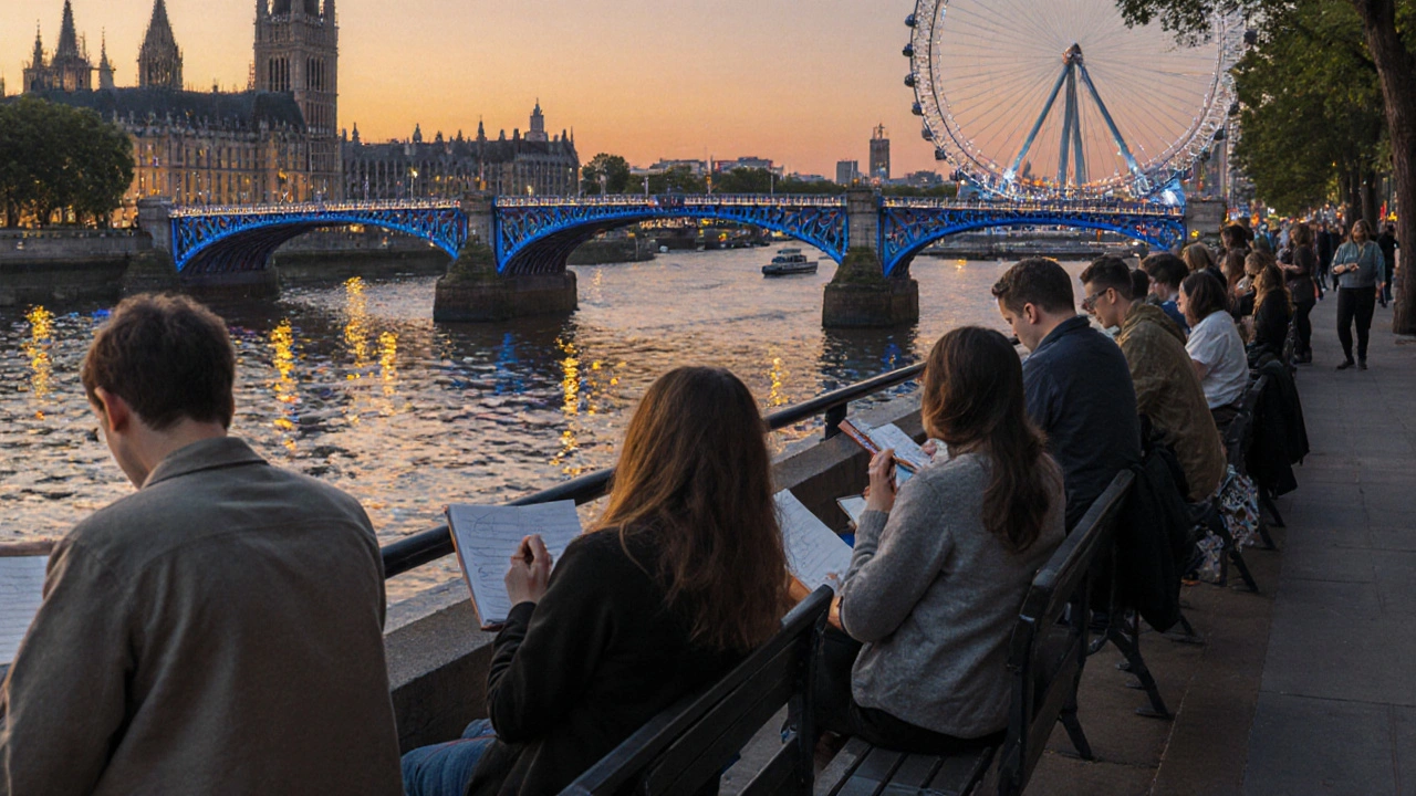 Sketchers drawing the London Eye at dusk along the South Bank.