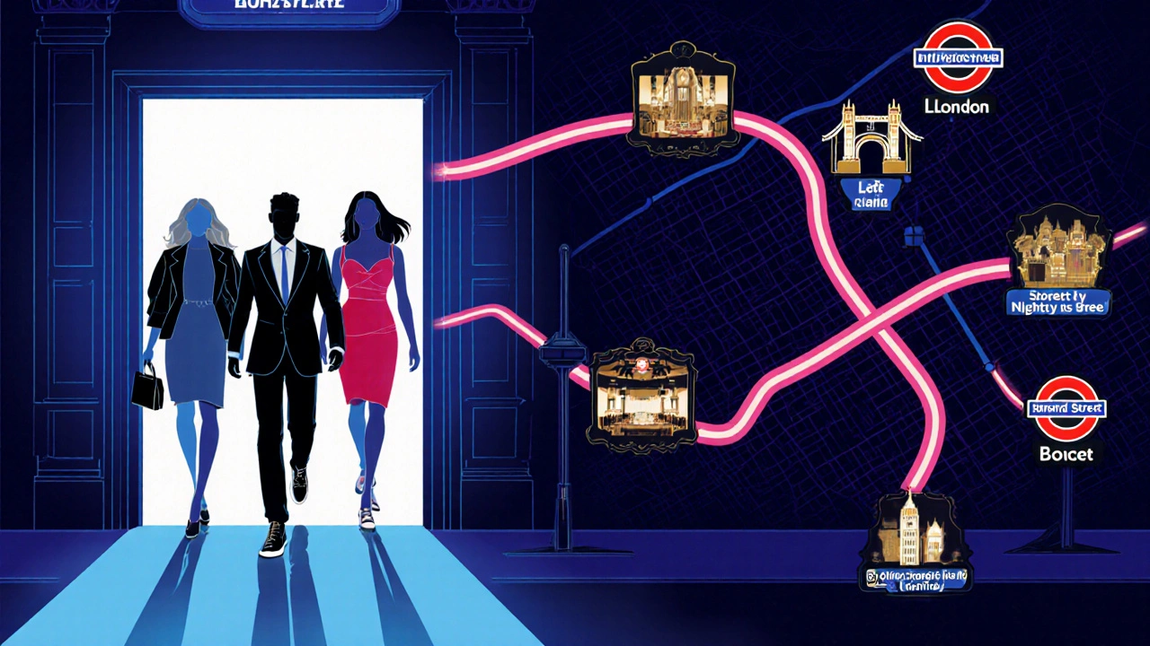 Stylish people exiting a club, following neon Underground routes on a city map.