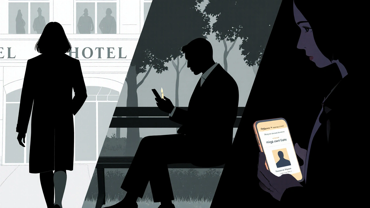 Three silhouettes represent loneliness, digital dating, and human connection in muted urban tones.