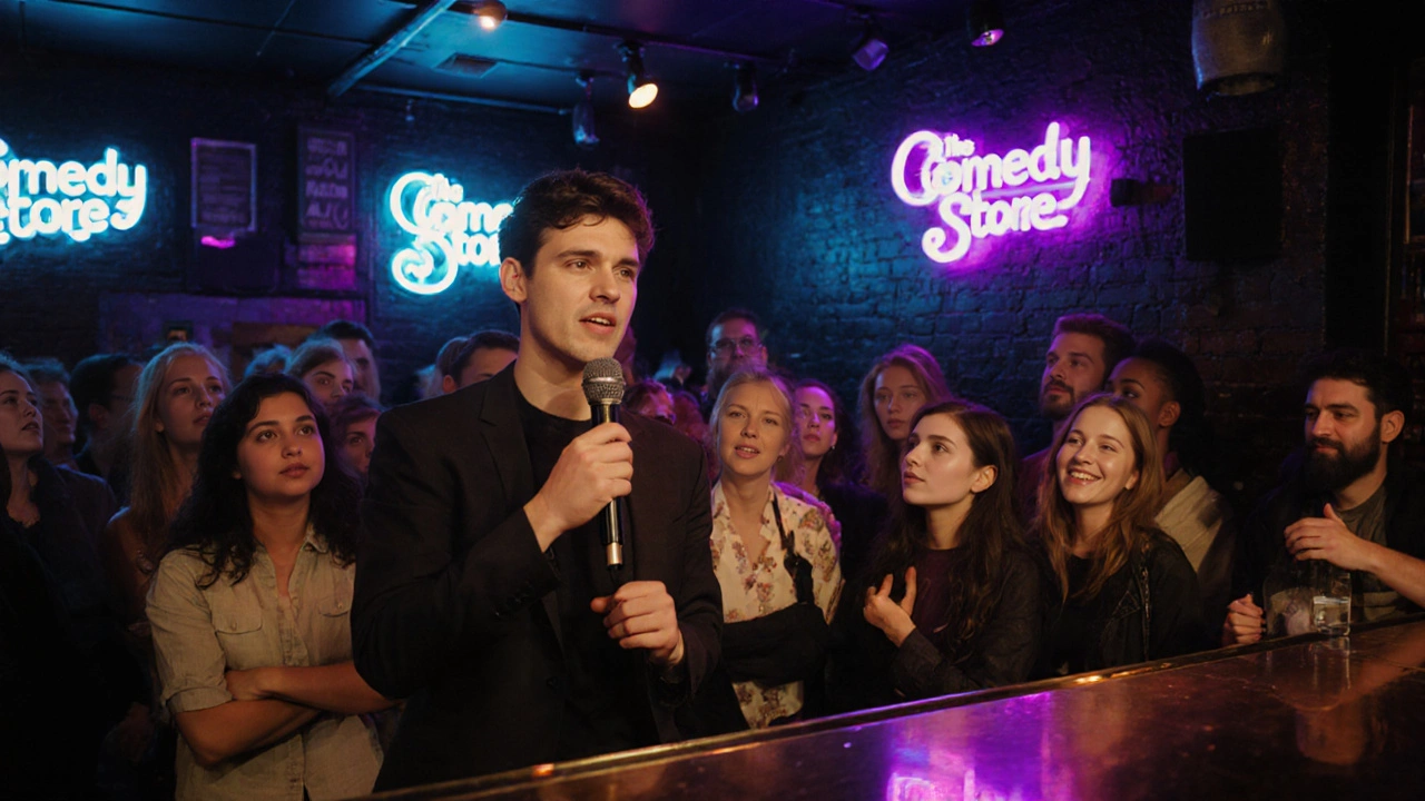 Vibrant club interior showing a stand‑up comic under a spotlight with a diverse crowd.
