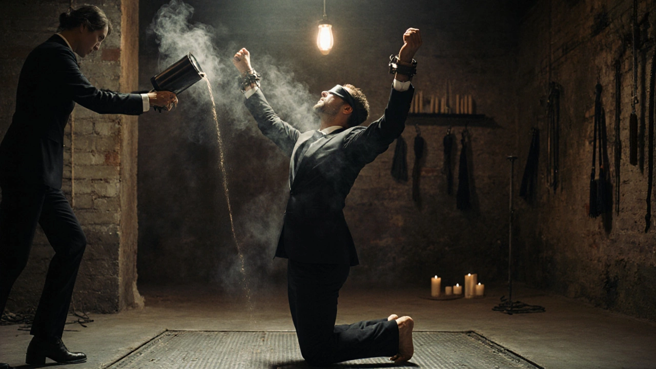 A blindfolded man kneeling as cold coffee is poured down his spine in a warehouse studio.