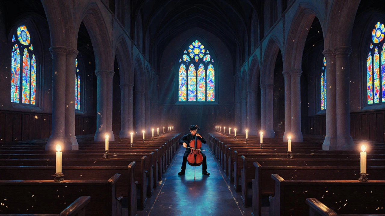 A cellist plays alone in The Union Chapel as stained glass casts colored light on empty pews and flickering candles.