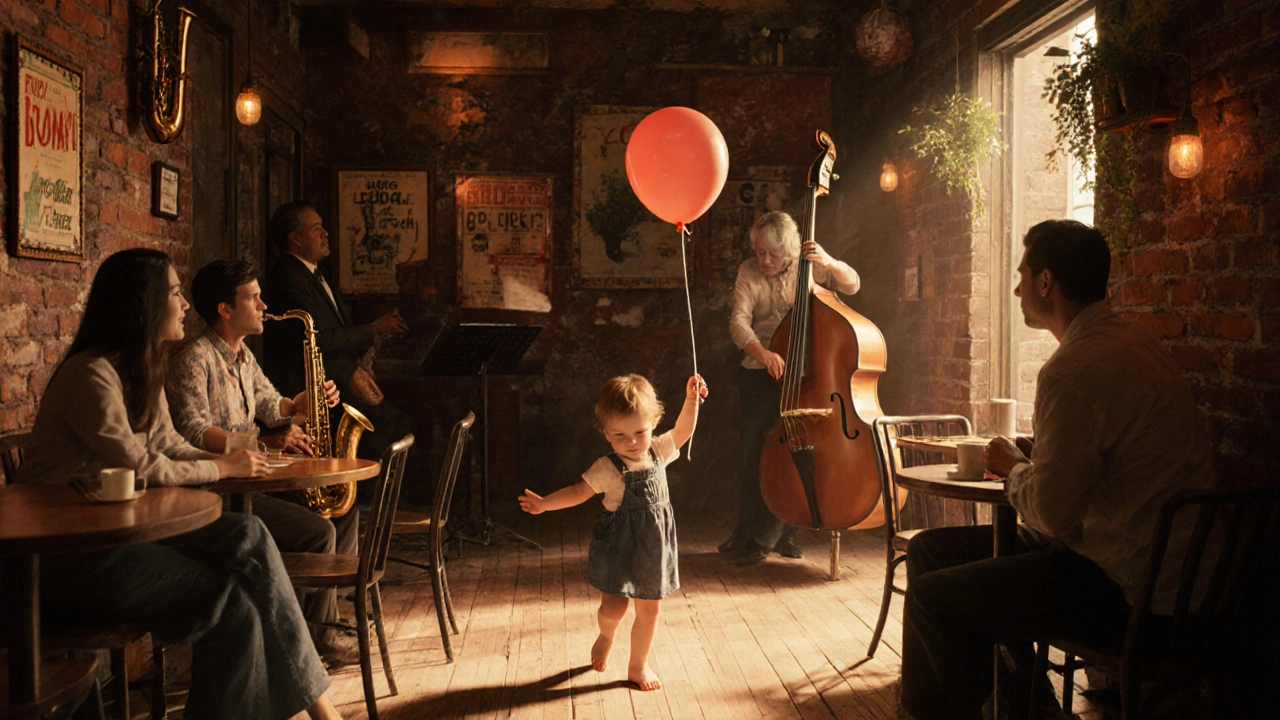 A child dances barefoot with a balloon at The Jazz Cafe during a Sunday family jazz show, musicians playing on a dim stage.