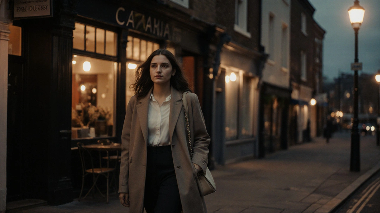 A confident woman walking calmly down a quiet Bromley street at dusk, modest clothing, peaceful urban setting.