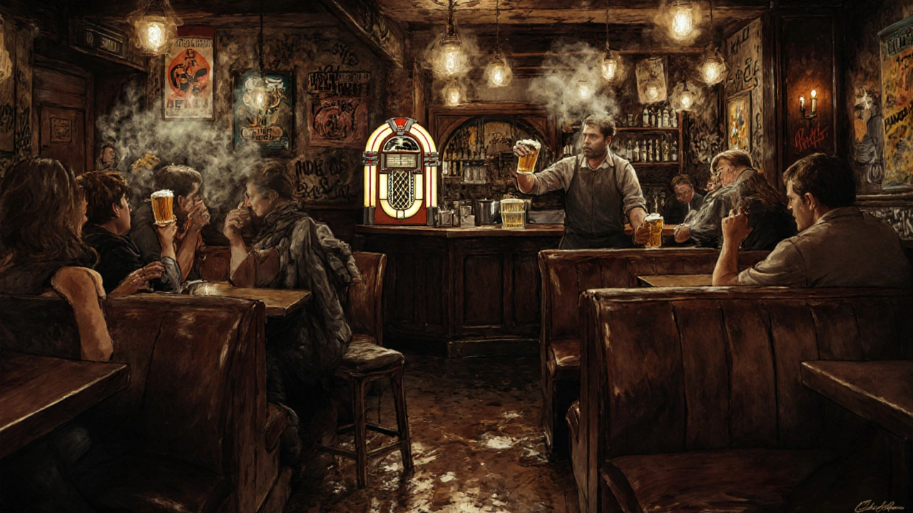 A crowded, dimly lit Camden pub at 3 a.m. with wooden booths, a jukebox playing punk music, and patrons raising pints.