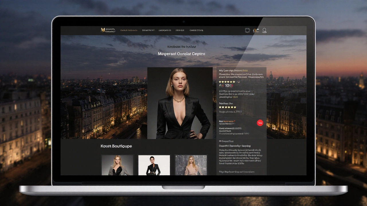 A discreet digital escort profile on a laptop with refined photos and verified reviews, London skyline blurred behind.