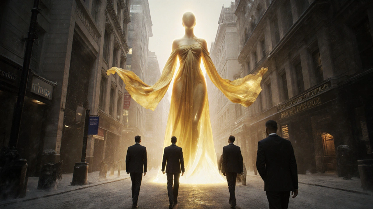 A glowing female figure made of light towers over London’s Soho, radiating warmth as men pause to look up in awe.