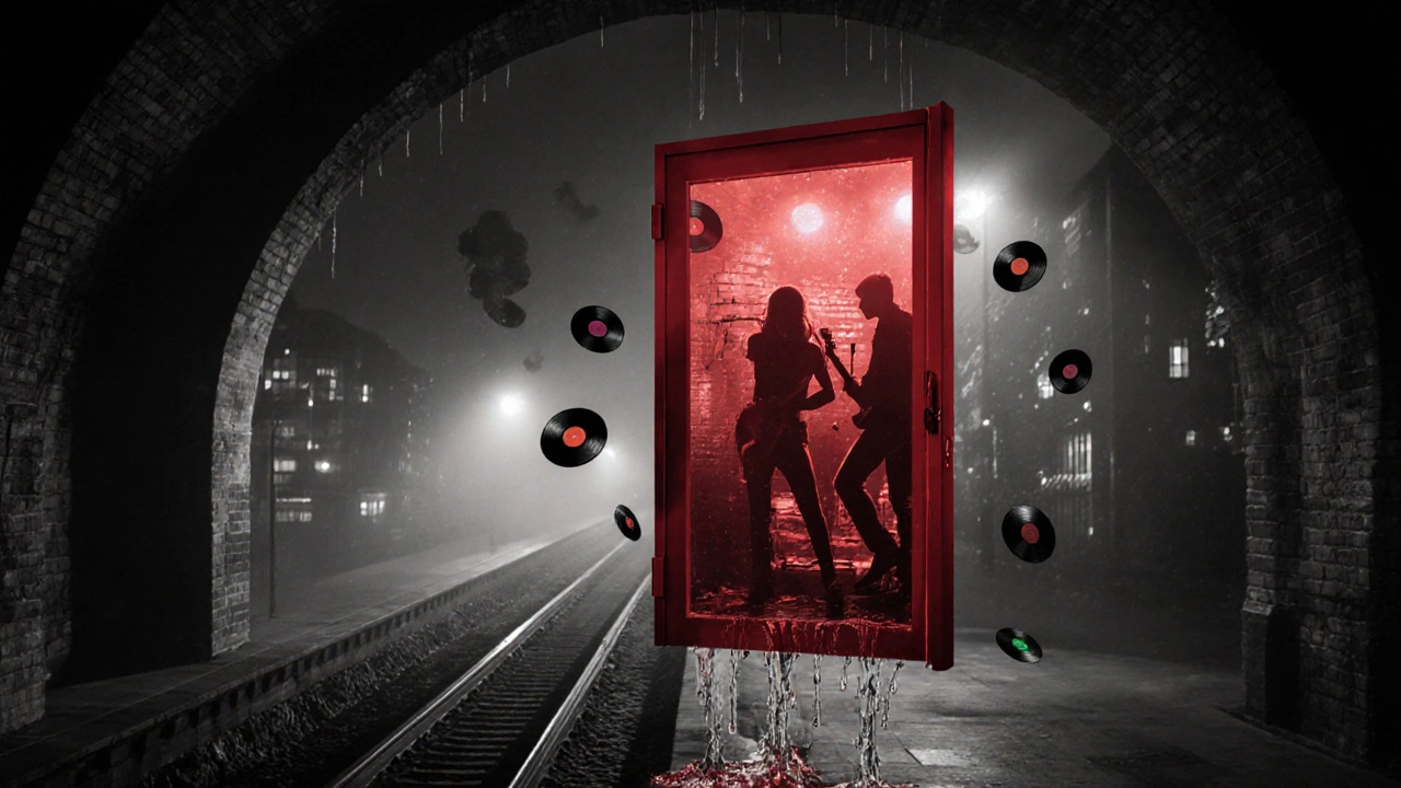 A glowing red door beneath railway arches leads to an abstract world of musicians and floating records in a foggy urban night.