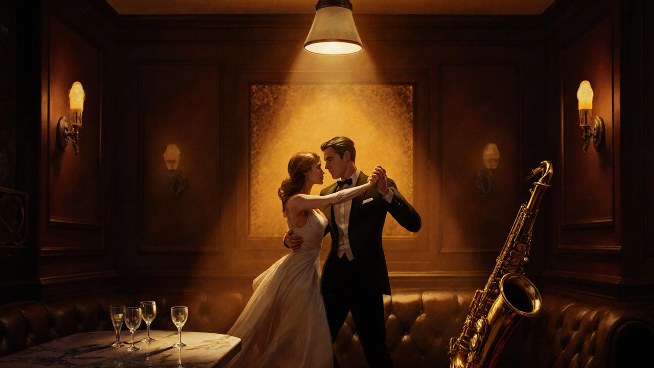 A man and woman dancing in a dimly lit jazz bar, wine glasses on marble table.