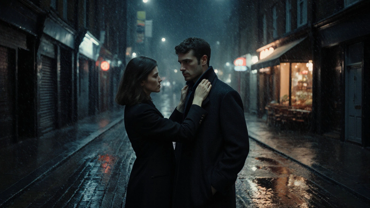 A man and woman share a quiet moment in a rainy Hackney alley, her hand adjusting his coat.
