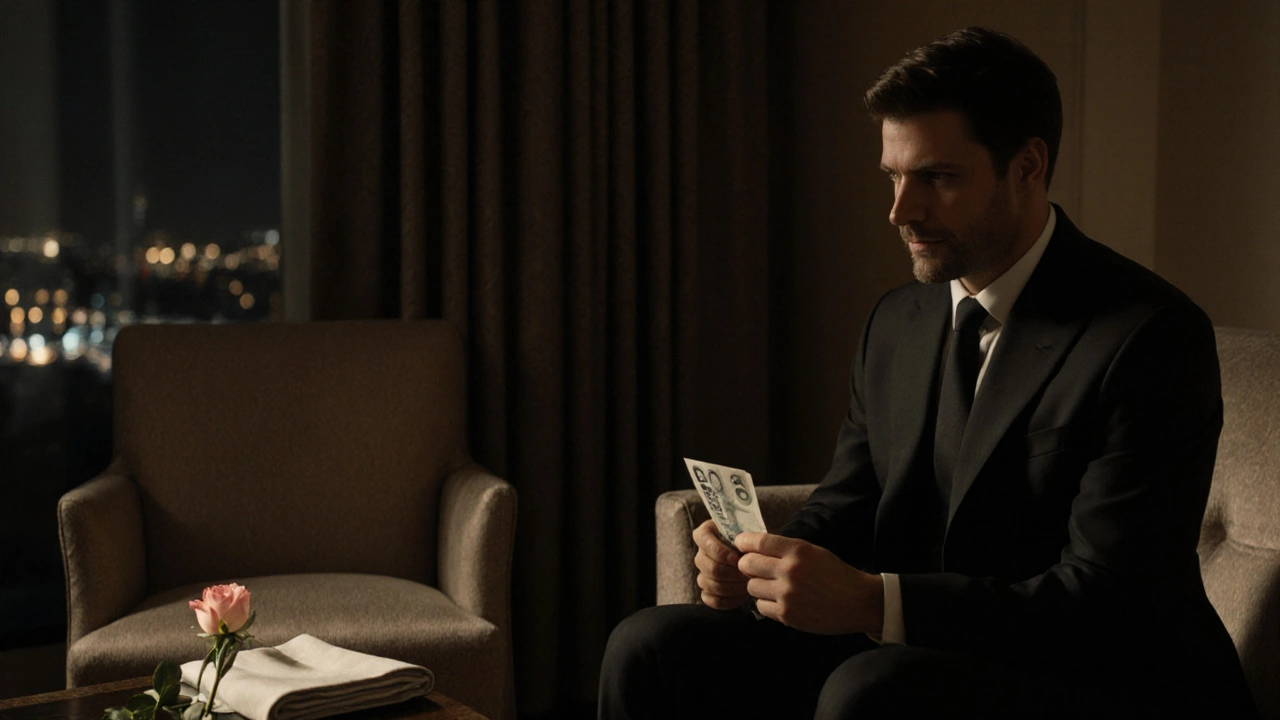 A man in a suit sitting quietly in a hotel suite with cash and a rose on the armchair beside him.
